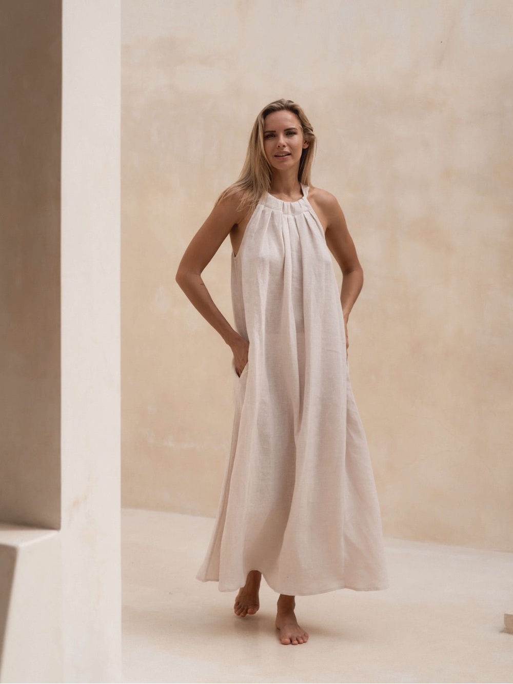 Sleeveless Cream Halter Maxi Dress with Gathered Neckline